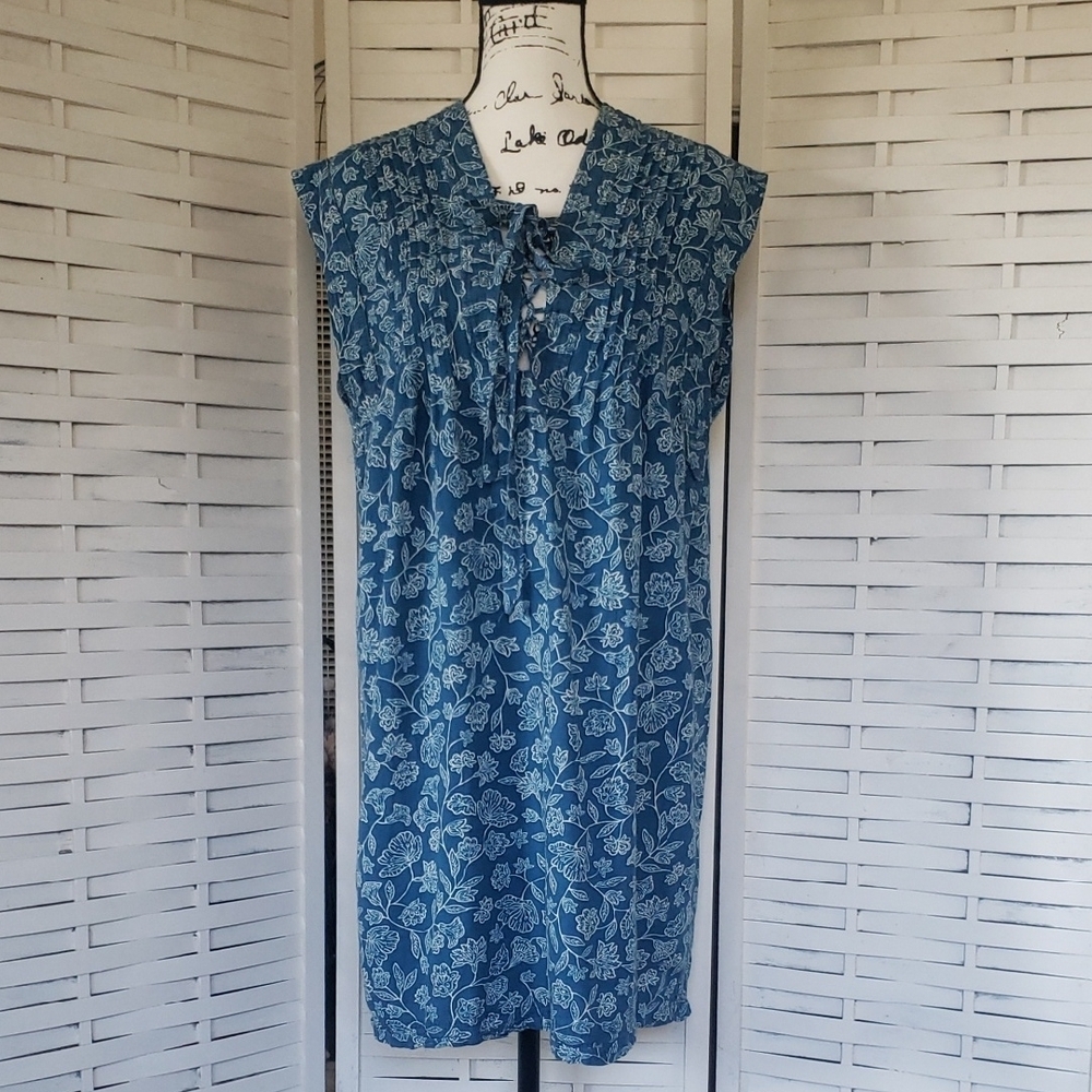 Faherty Liberty Blue and White Sleeveless Floral Tunic Dress Size L - Picture 1 of 5
